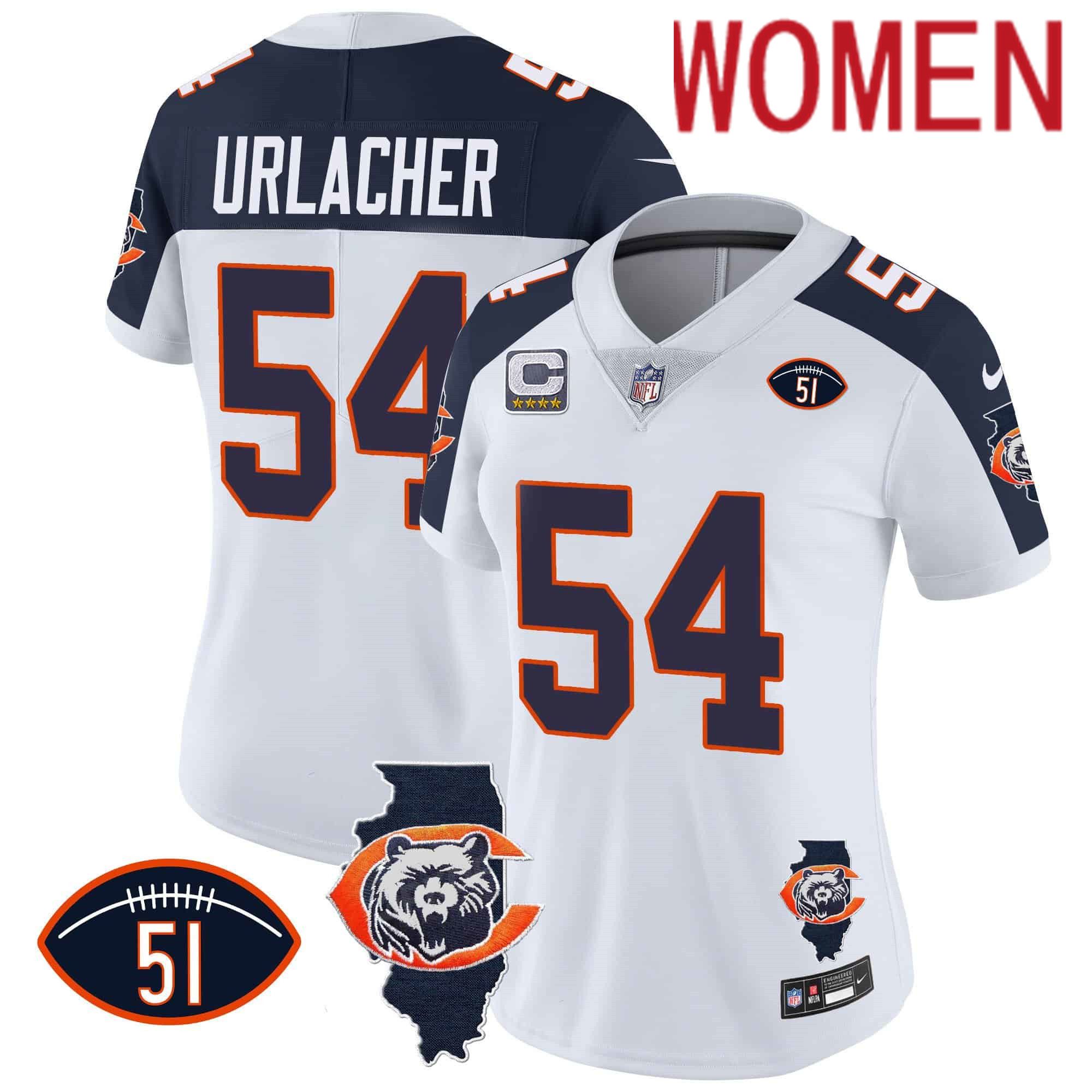 Women Chicago Bears #54 Urlacher White 2024 Nike Throwback Illinois Patch Vapor NFL Jersey style 2